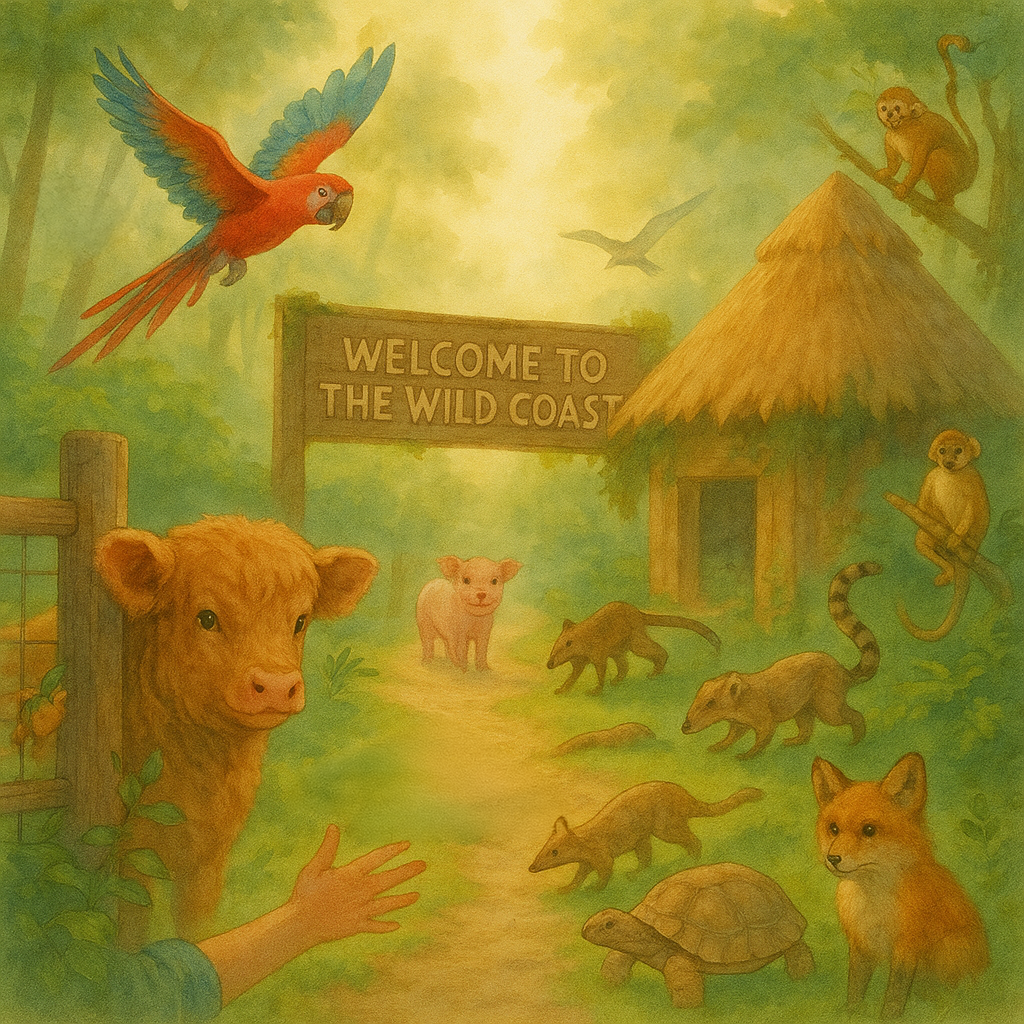 Watercolor-style scene of a jungle path beneath a wood sign that reads “Welcome to the Wild Coast”: a scarlet macaw soars overhead, a Highland calf peers over a fence at a child’s outstretched hand, and along the path a piglet, two coatis, a tortoise, and a seated red fox mingle while monkeys play near a thatched-roof hut—inviting visitors into the diverse, friendly world of Astoria Zoo.